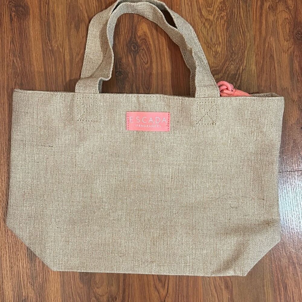 Escada fragrances jute tote bag with peach detail